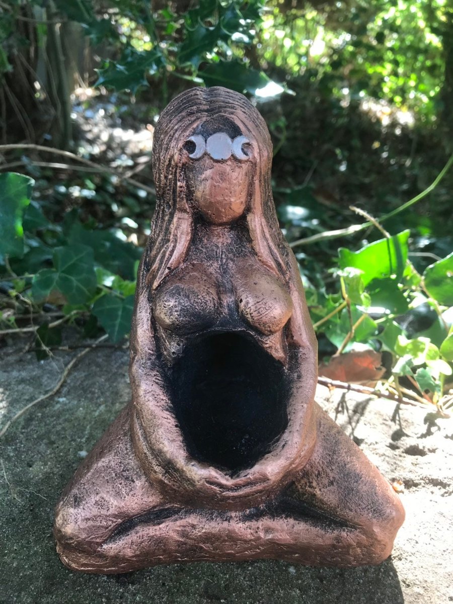 Large triple moon Goddess Statue with recess in tummy for crystals bronze and si