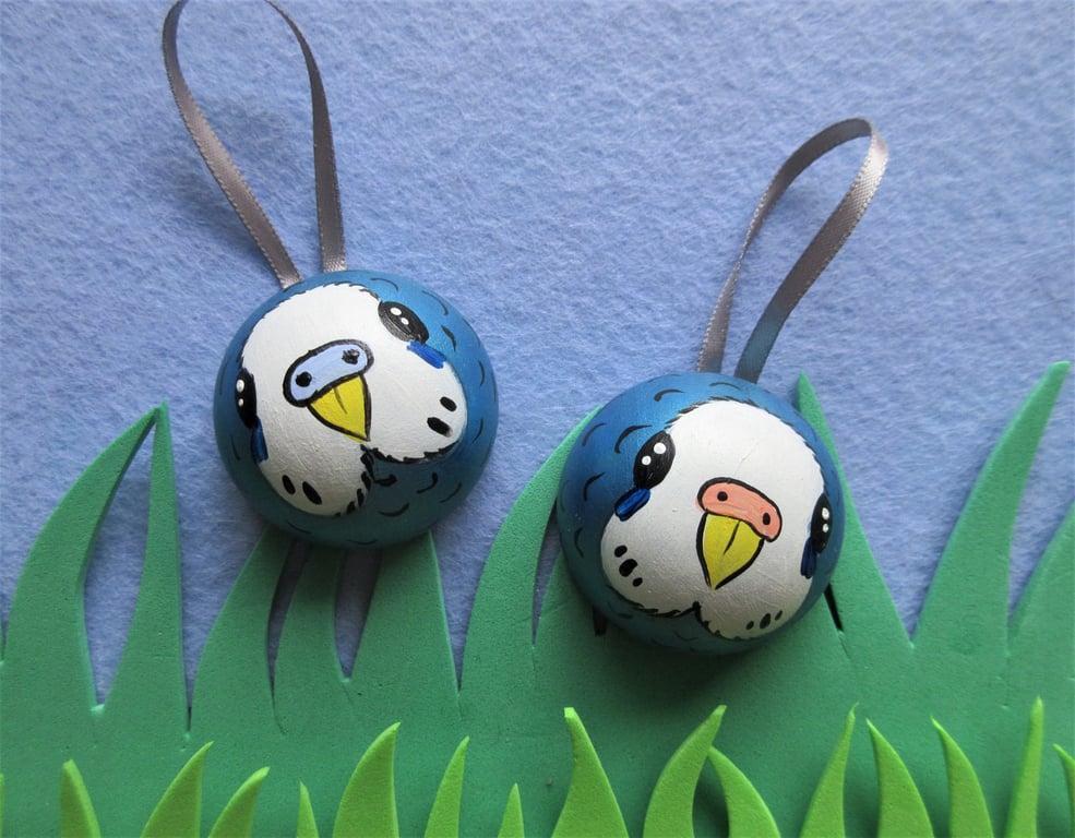 Budgie Bauble x 2 Blue Budgerigar Hanging Decoration Christmas Tree Ornament