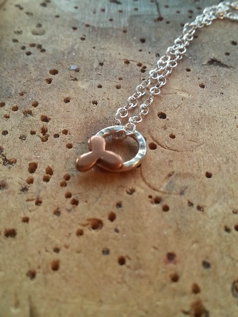 Tiny Little Triquera Necklace, silver necklace, three petal flower, copper