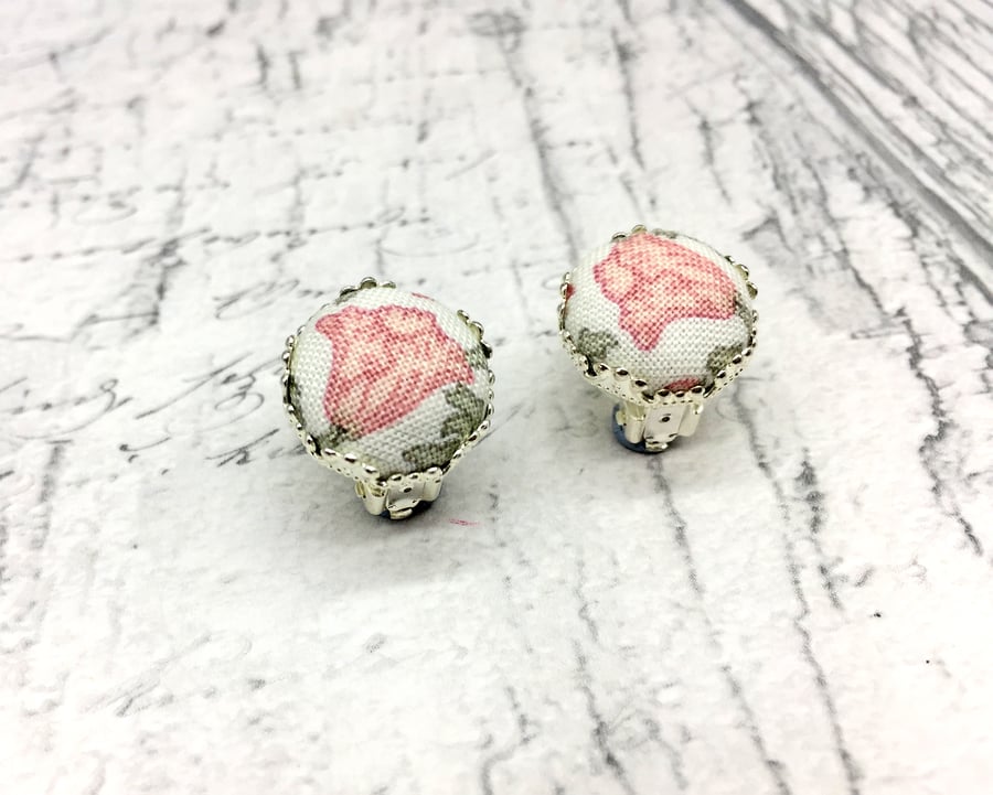 Poppy pale peach Liberty print fabric button clip on filigree earrings 