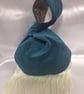 Teal Velvet Japanese knot bag with 9cm tassel trim and geometric pattern lining