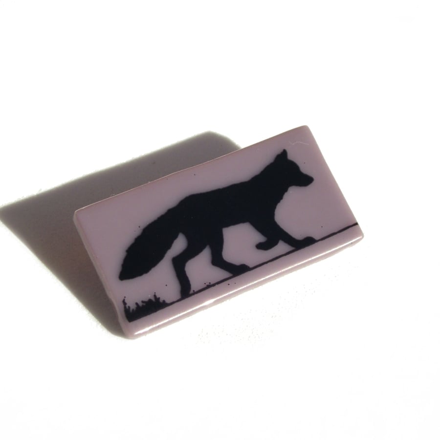Fox Brooch in Fused Glass with Screen Printed Kiln Fired Enamel
