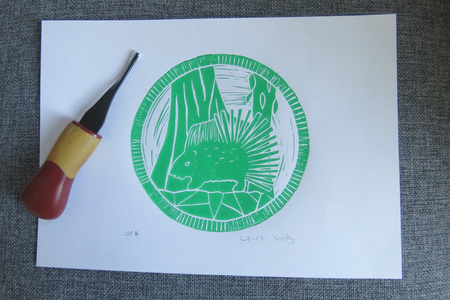 Green, A4, porcupine lino print (OE4)