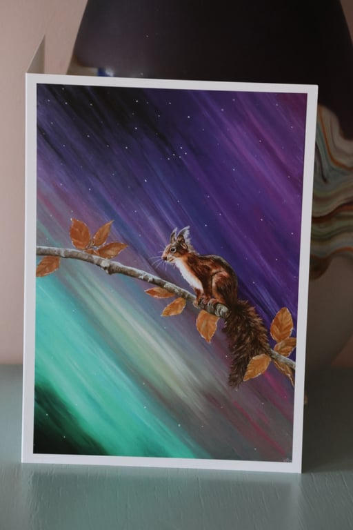 Red Squirrel Northern Lights Blank Greetings Card