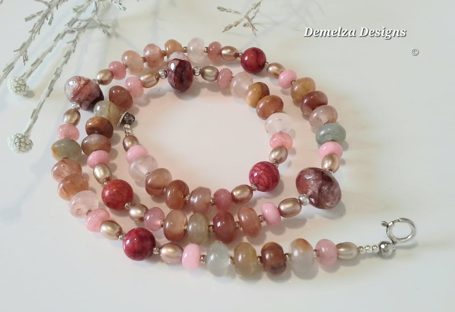 Quartz, Freshwater Pearls & Quartzite Sterling Silver Necklace