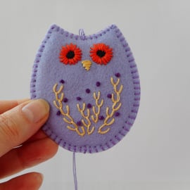 Lilac hand embroidered felt owl hanging decoration