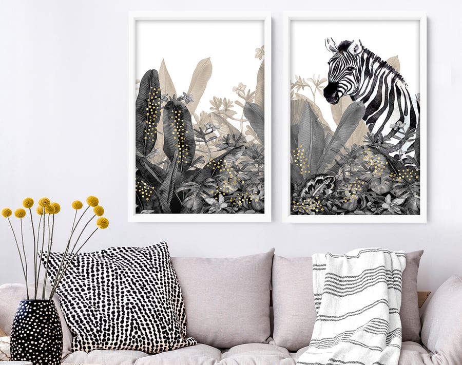 Jungle Animals Set of 2 art Print, Tropical Gold Home Decor wall hanging, Office