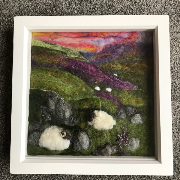 Sheep on the moors at sunset needle felted picture 