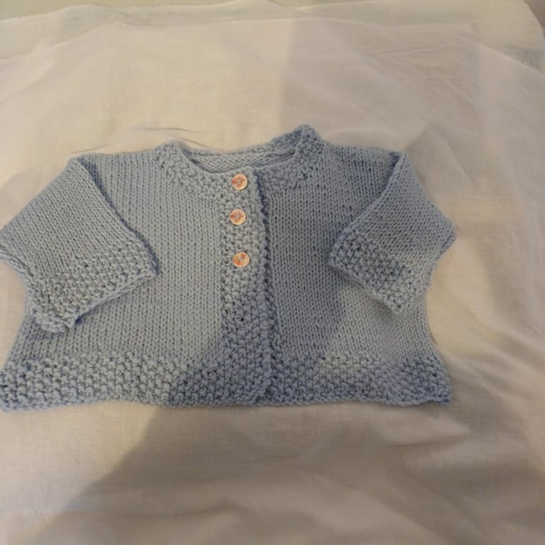 Blue, 100% wool, handknit baby cardigan.