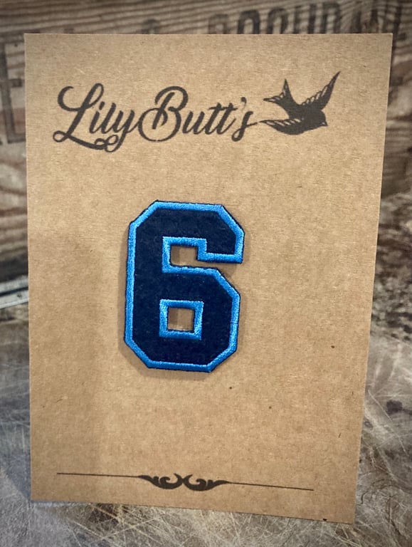 Embroidered Iron on Patch - Number 6 - Blue 52mm x 35 mm