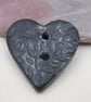 Medium Coal Black Leaf Sprig Texture Heart Shaped Ceramic Button - Image 3