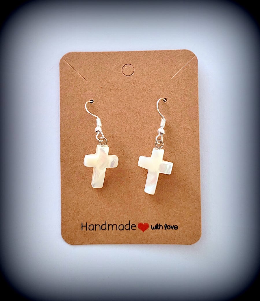 Mother of Pearl Cross Charm Dangle Earrings on Silver Plated Earring Hooks