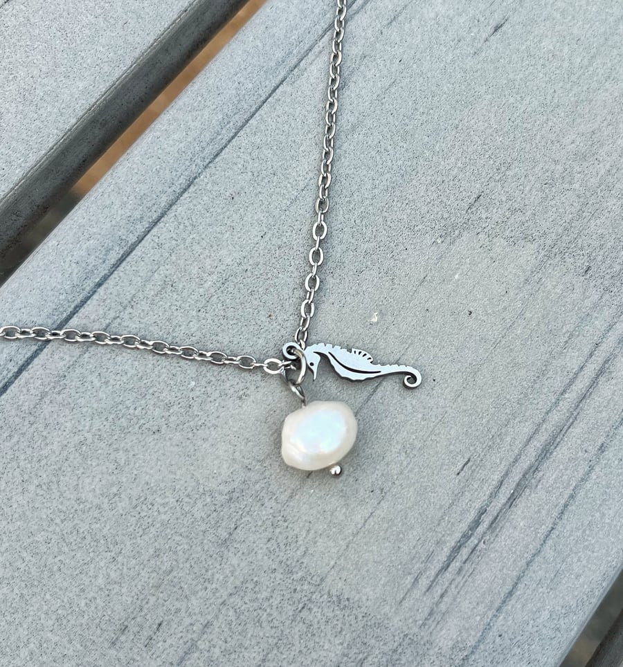 Seahorse & Freshwater Pearl Pendant Stainless Steel Necklace