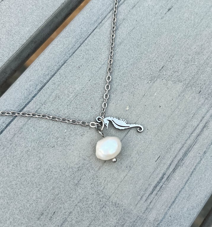 Seahorse & Freshwater Pearl Pendant Stainless Steel Necklace