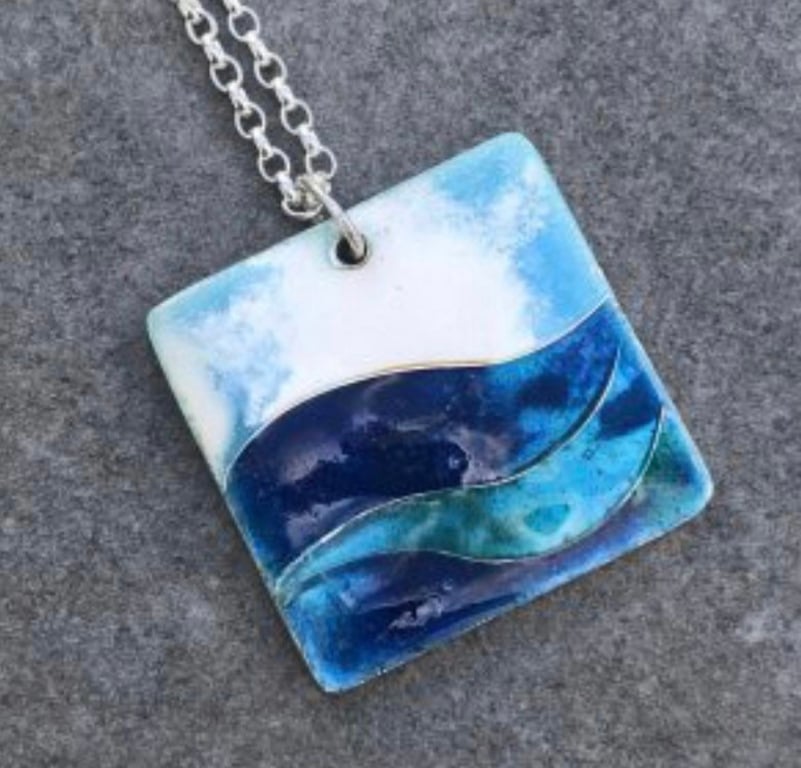 Enamel Pendant, sea pendant, ocean pendant, waves necklace, waves, enamel , 