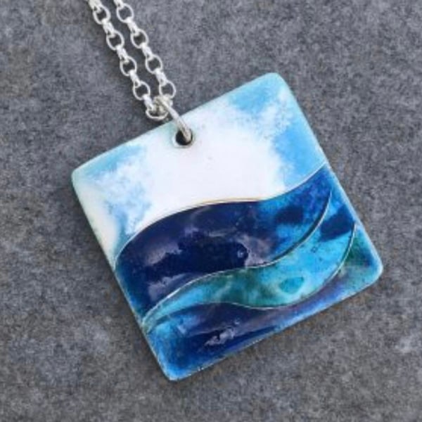 Enamel Pendant, sea pendant, ocean pendant, waves necklace, waves, enamel 