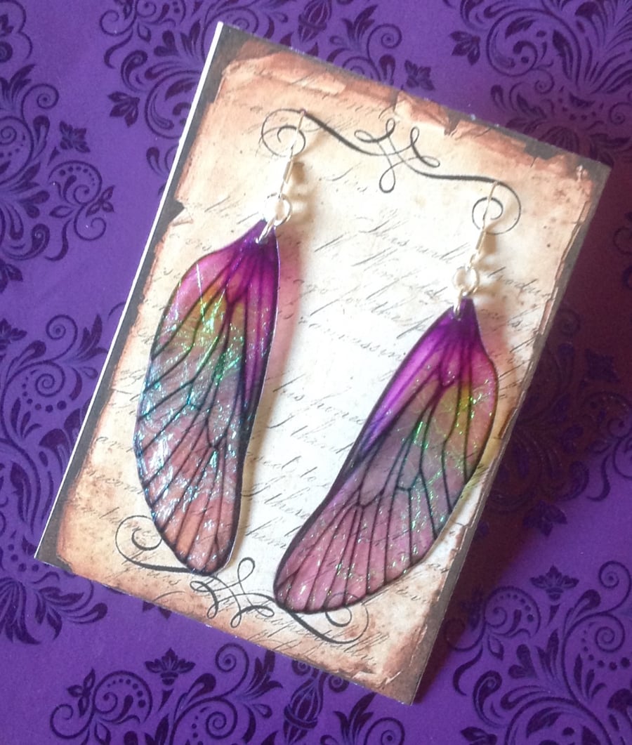 Large Purple  Iridescent Mackintosh Style Fairy Wing Sterling Silver Earrings