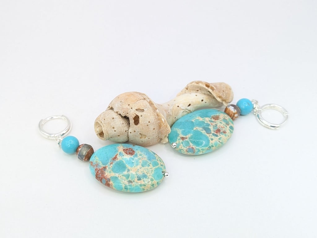 Terra Adorn  Artisan Blue Snake Skin Jasper, Dzi Agate & Turquoise earrings