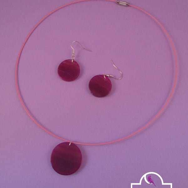 Round Pink Agate Necklace and Earring Set