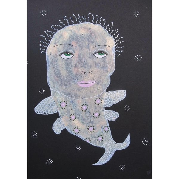 Fish Painting Illustration Weird Whimsical Outsider Folk Art Animal Artwork A4 s
