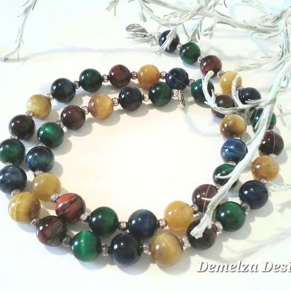 Multicoloured Tiger's Eye Sterling Silver Plated Necklace