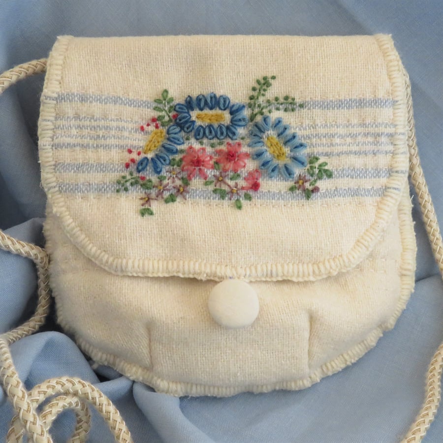 Embroidered Bag - Vintage inspired flowers on vintage wool blanket
