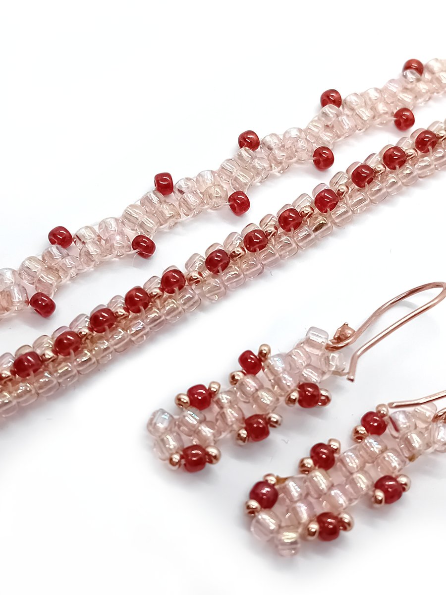 Pink and shimmering peach beaded tennis bracelet and earrings set