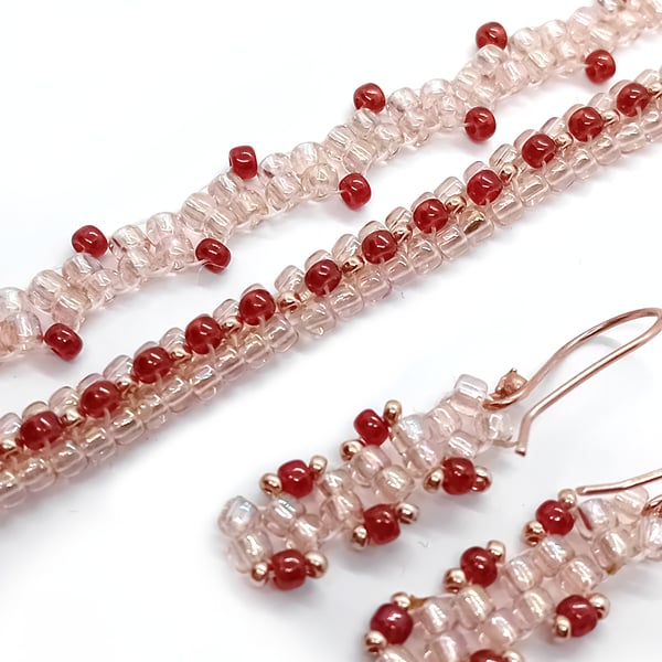 Pink and shimmering peach beaded tennis bracelet and earrings set