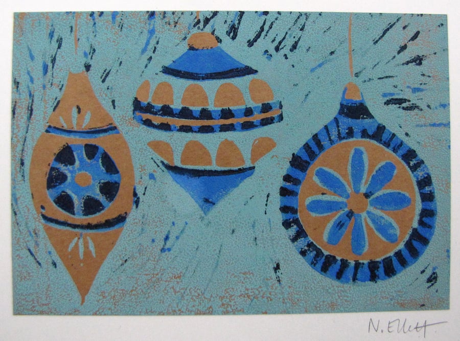 CHRISTMAS art print - blue baubles on brown