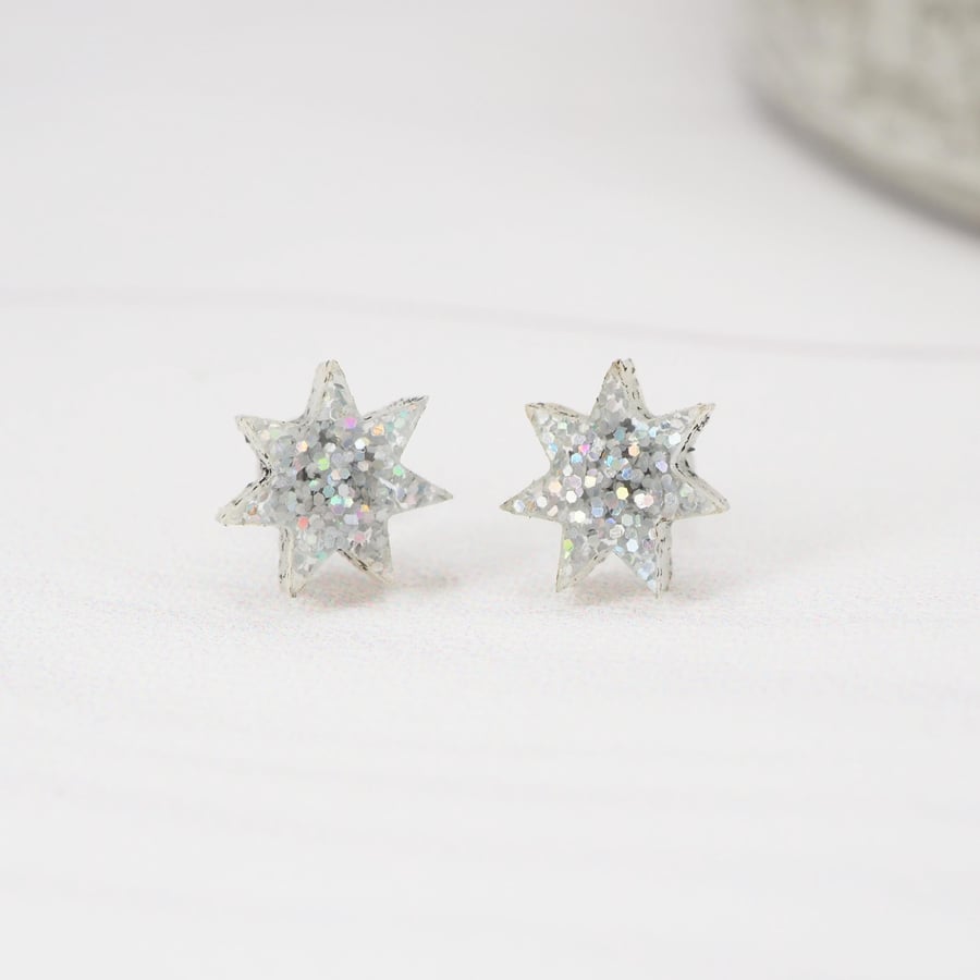Titanium ear wire - Holographic glitter acrylic small star stud earrings