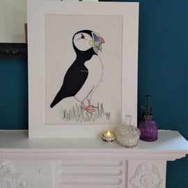 Puffin with Sand Eels Embroidered Portrait