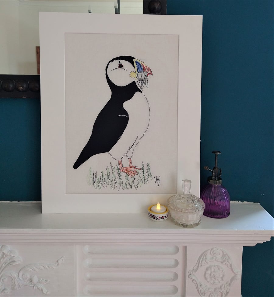 Puffin with Sand Eels Embroidered Portrait