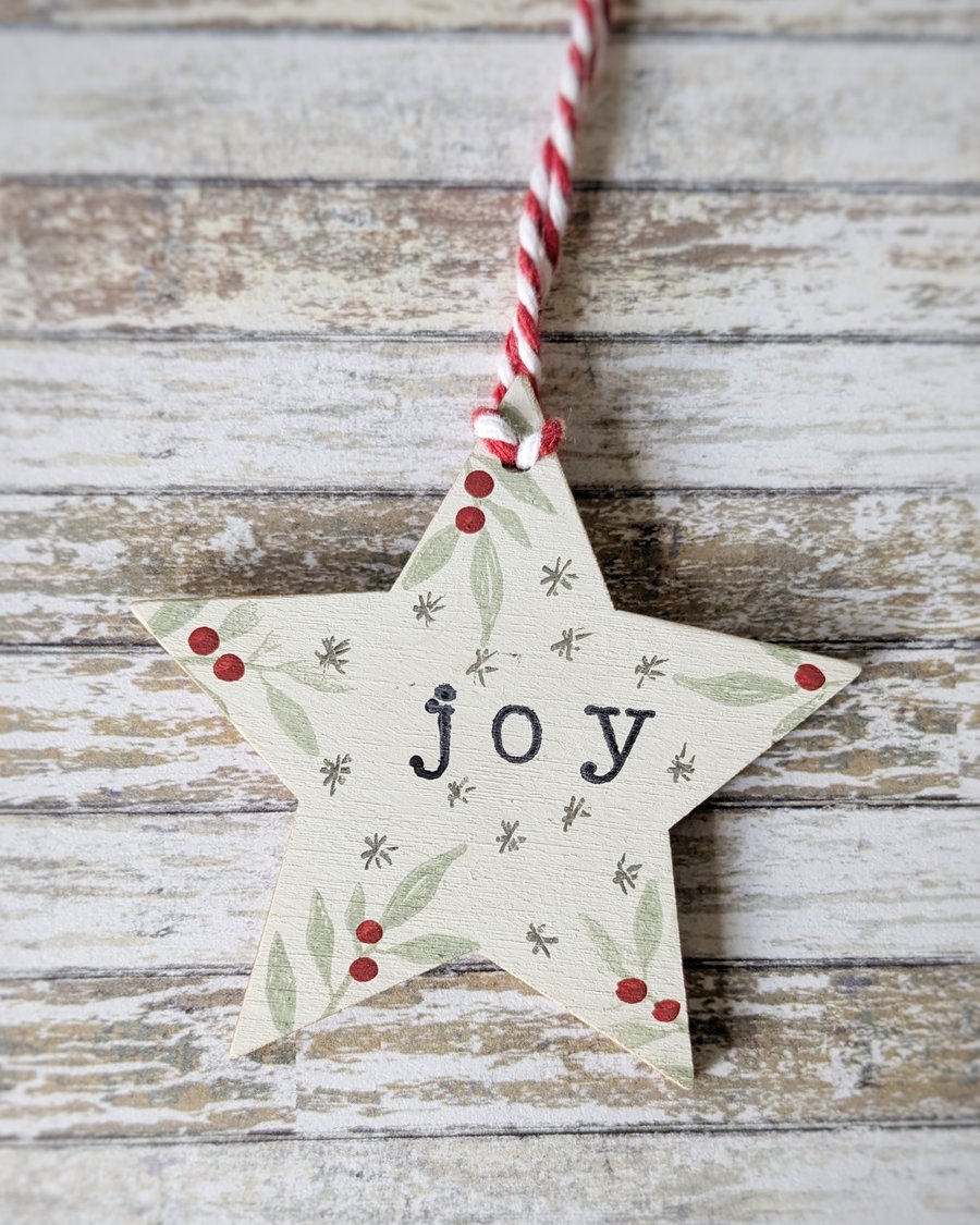 Hand Painted Wooden Star Hanging Decoration 'Joy'