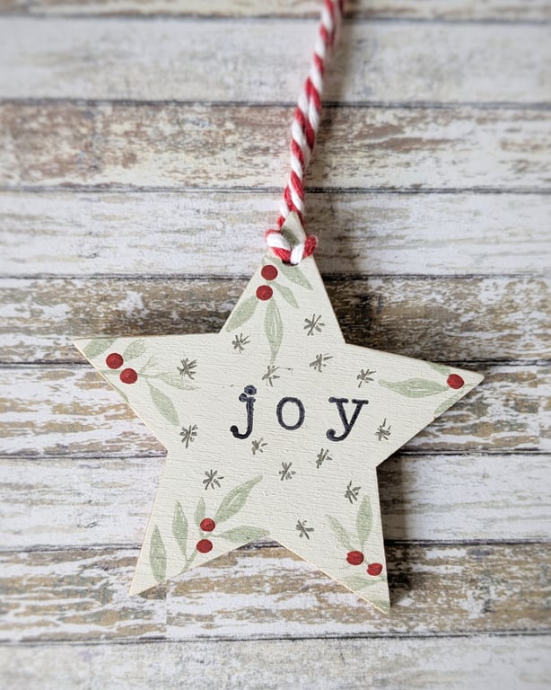 Hand Painted Wooden Star Hanging Decoration 'Joy'