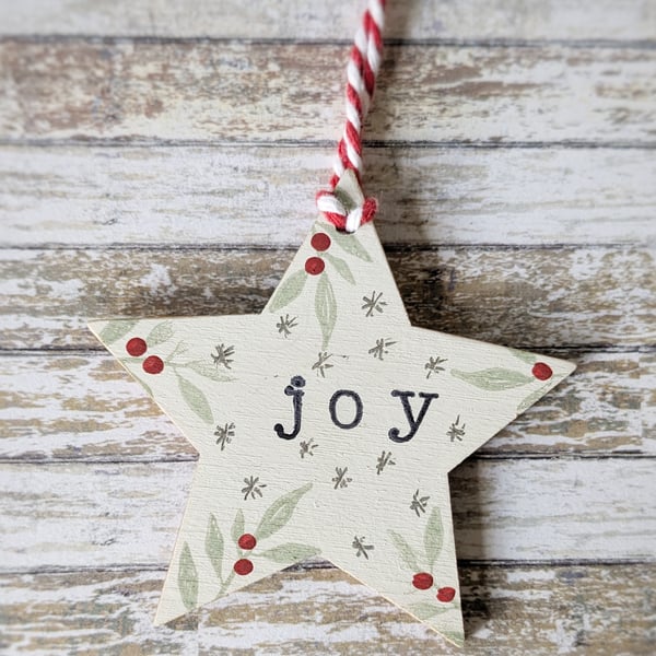 Hand Painted Wooden Star Hanging Decoration 'Joy'
