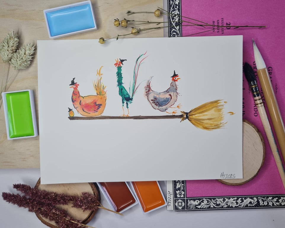 Halloween Witch Chicken Painting: Spooky Whimsical Art