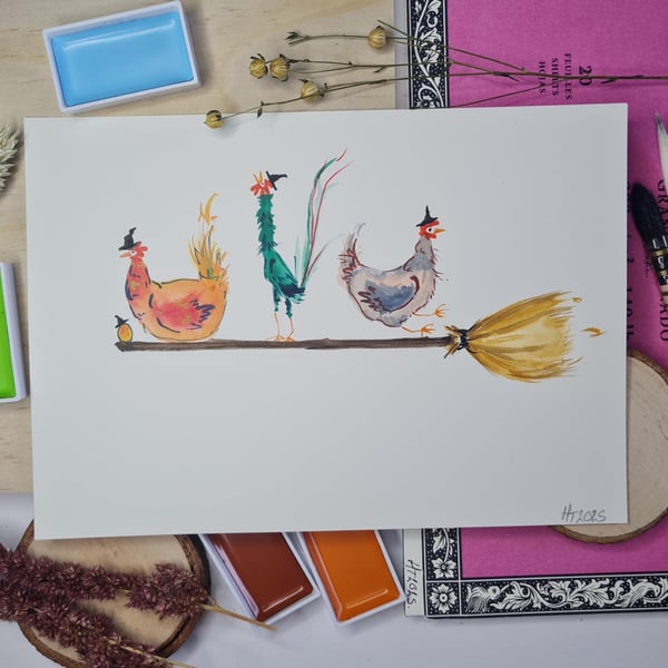 Halloween Witch Chicken Painting: Spooky Whimsical Art
