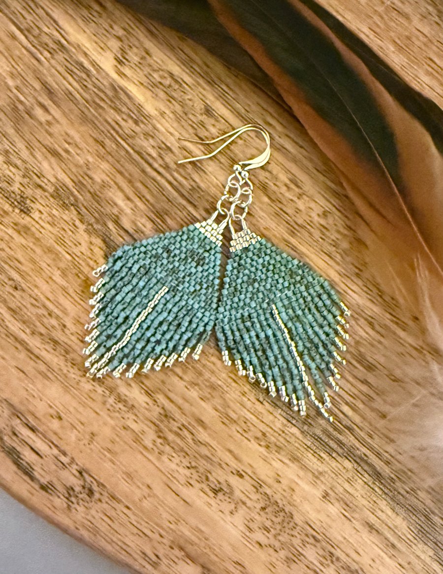 Turquoise and silver beadwork feather fringe earrings