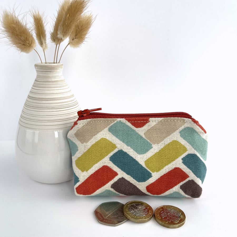 Geometric Coin Purse, Small Purse in Terracotta, Turquoise and Lime
