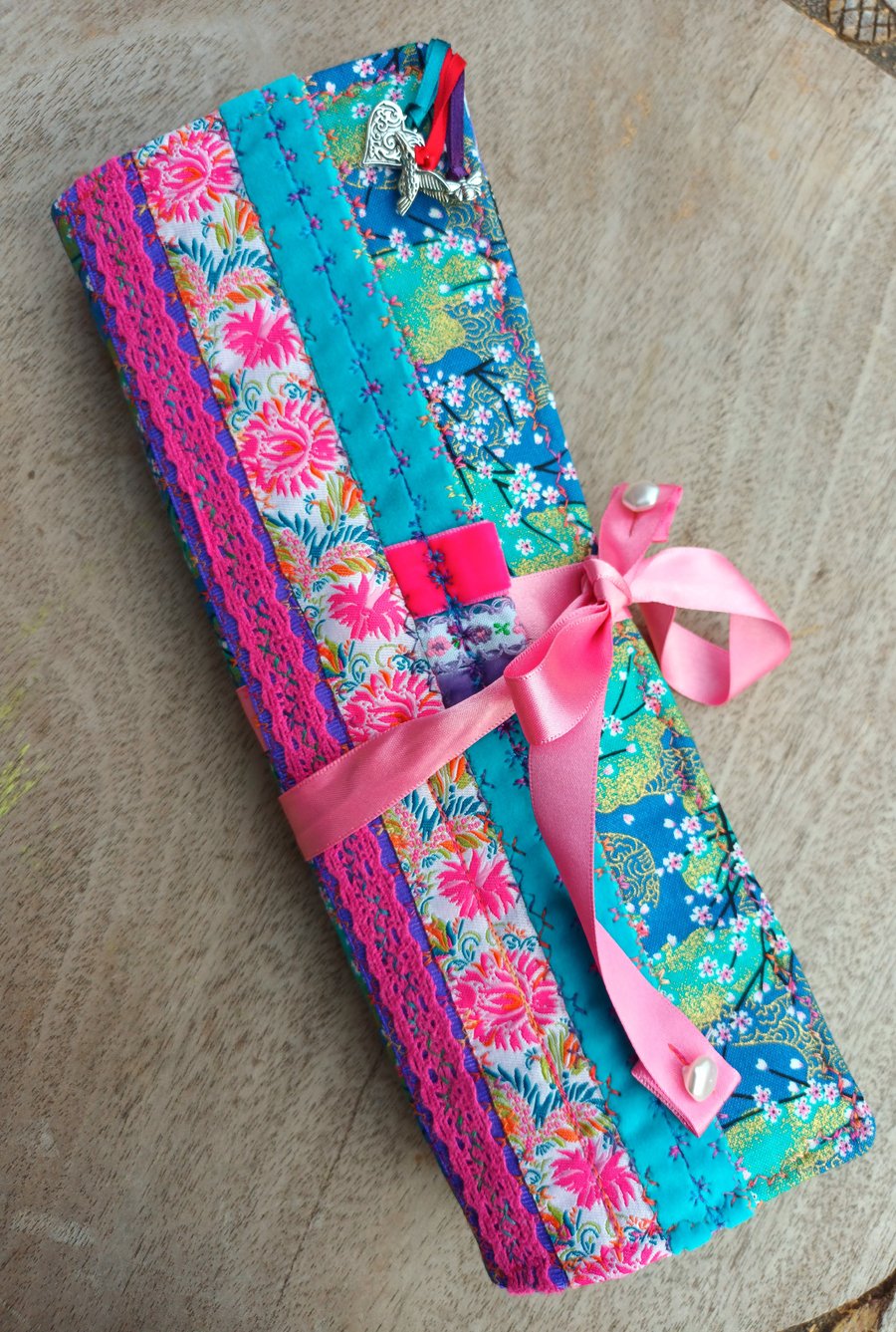Turquoise Blossom,  Japanese Fabric Jewellery Storage Roll 