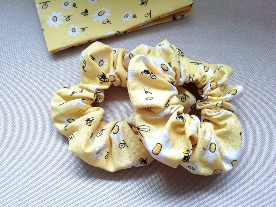 Set of 2 handmade, yellow bee print scrunchies