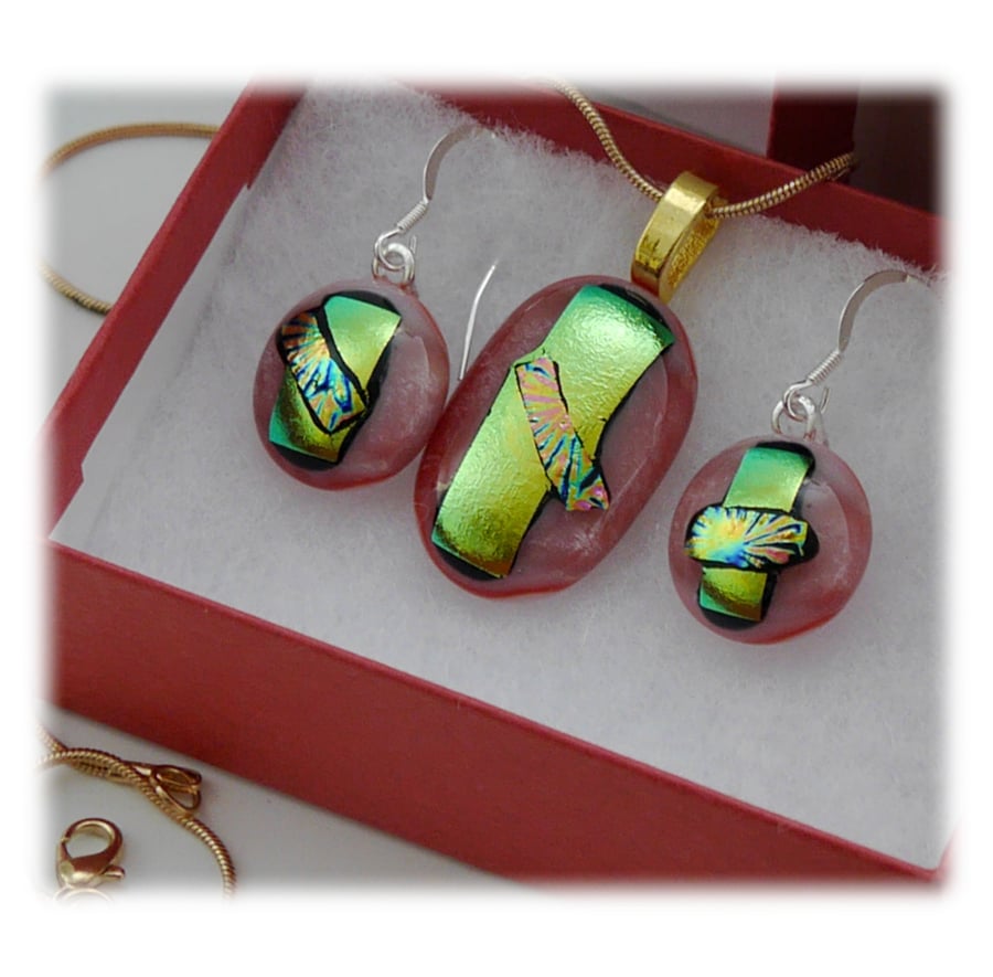 Dichroic Glass Pendant Earring Set 066 Pink Gold Emerald with gold plated chain