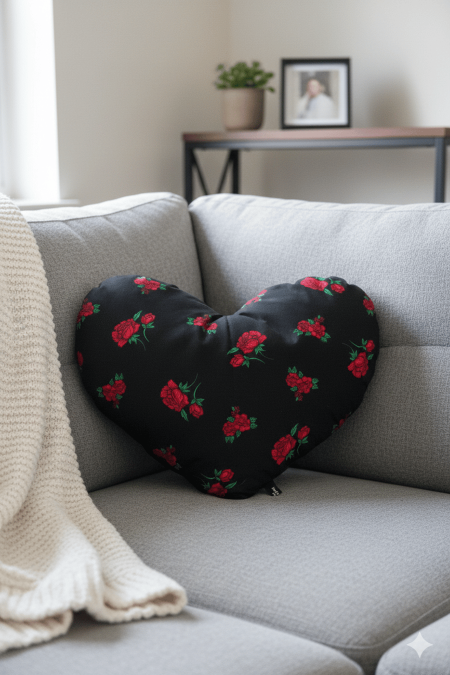 Handmade Floral Heart Cushion – Large Black Rose Print Decorative Pillow