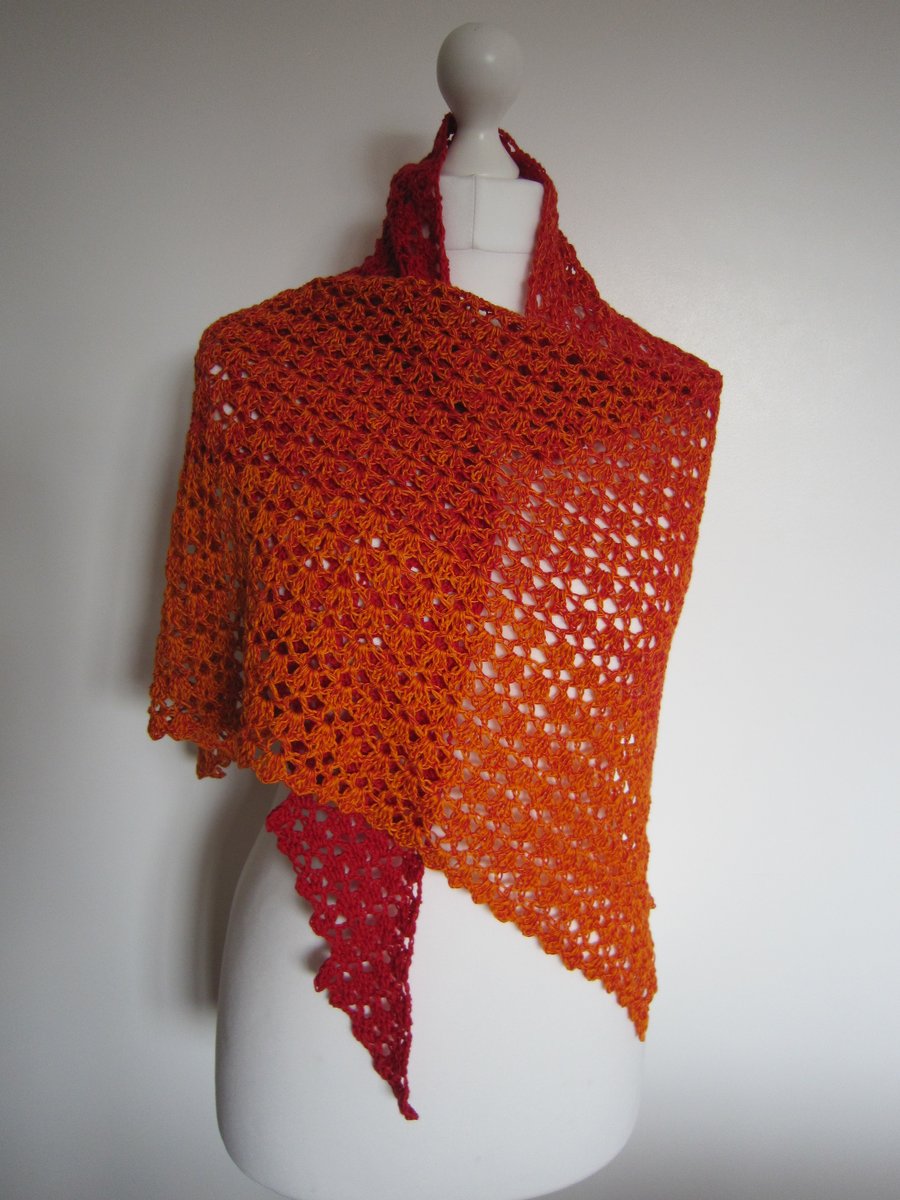 Womens Hand Crochet Orange and Red Shawl, Ladies Crochet Wrap, Gift Idea