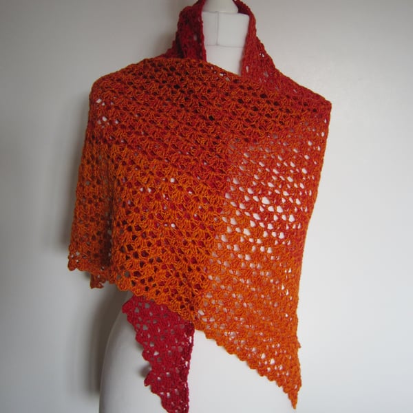 Womens Hand Crochet Orange and Red Shawl, Ladies Crochet Wrap, Gift Idea