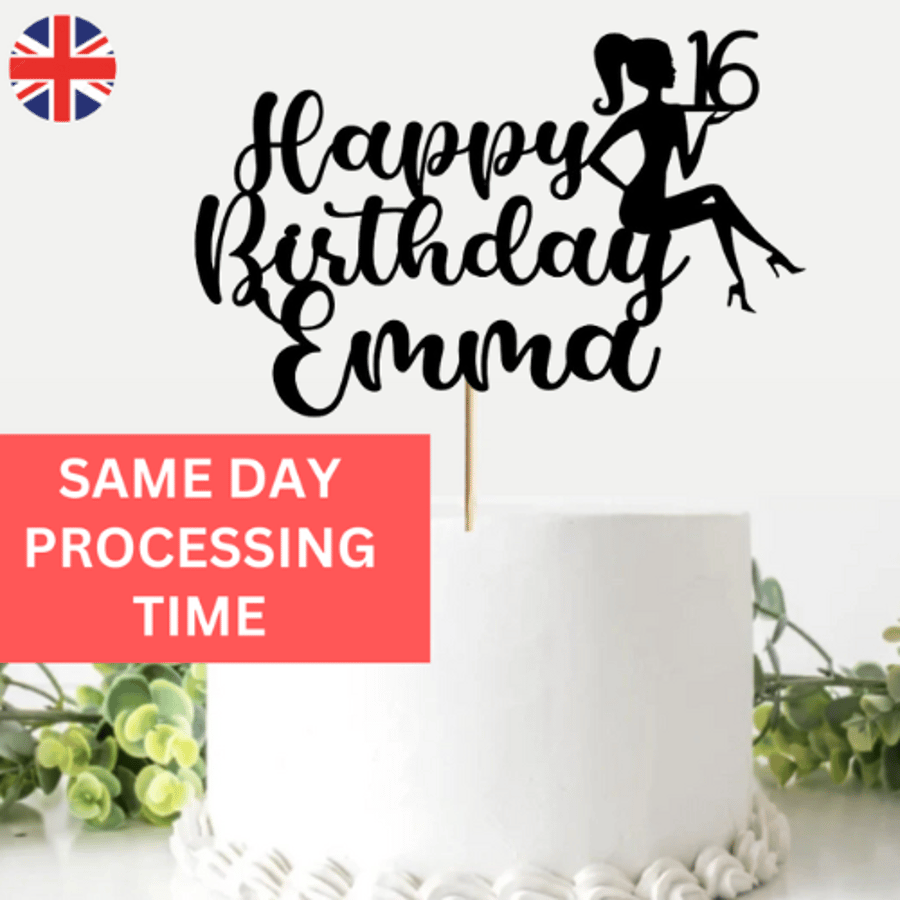 16th Birthday Cake Topper, Happy 16th Birthday Cake Topper, Custom Cake Topper