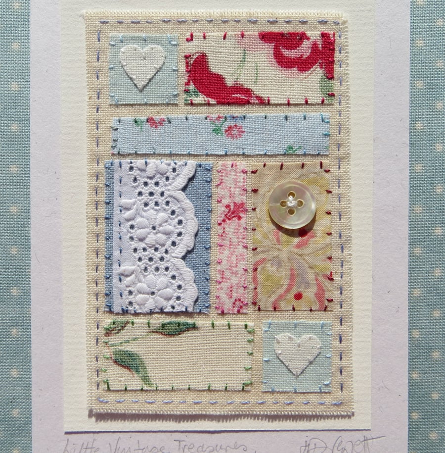 Little Vintage Treasures, hand-stitched miniature, detailed, a very pretty card