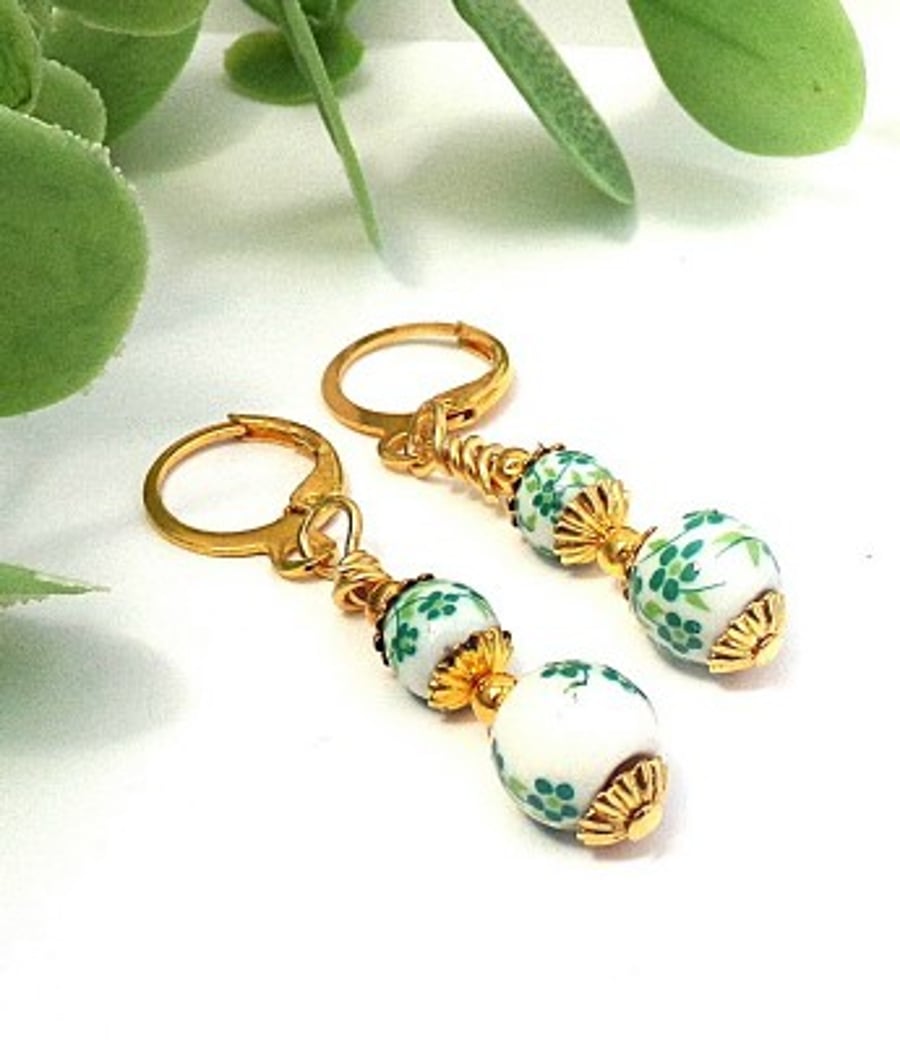 Green and White Floral Ceramic Earrings