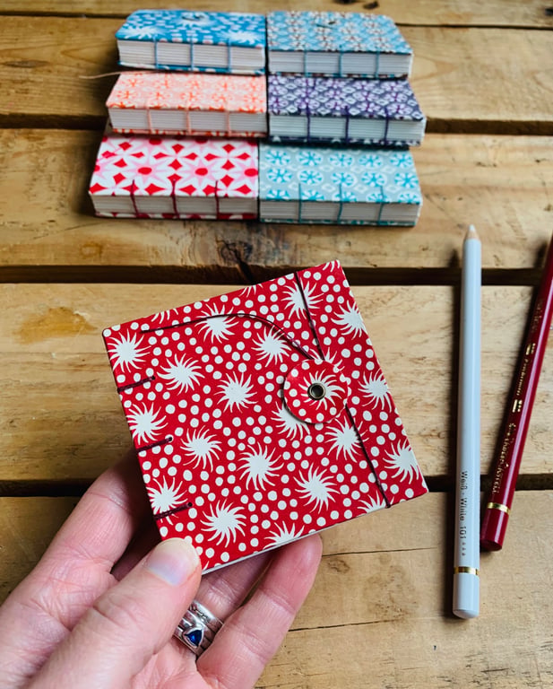 Mini Hand Bound Mixed Media Sketchbook with Button Closure. Deep Red & Cream.