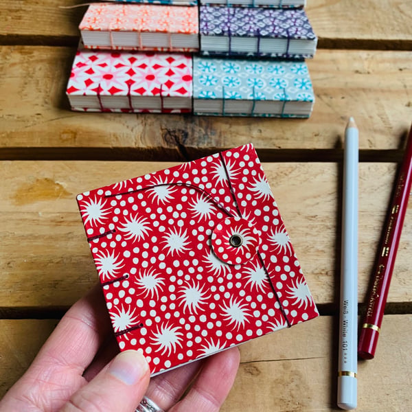 Mini Hand Bound Mixed Media Sketchbook with Button Closure. Deep Red & Cream.